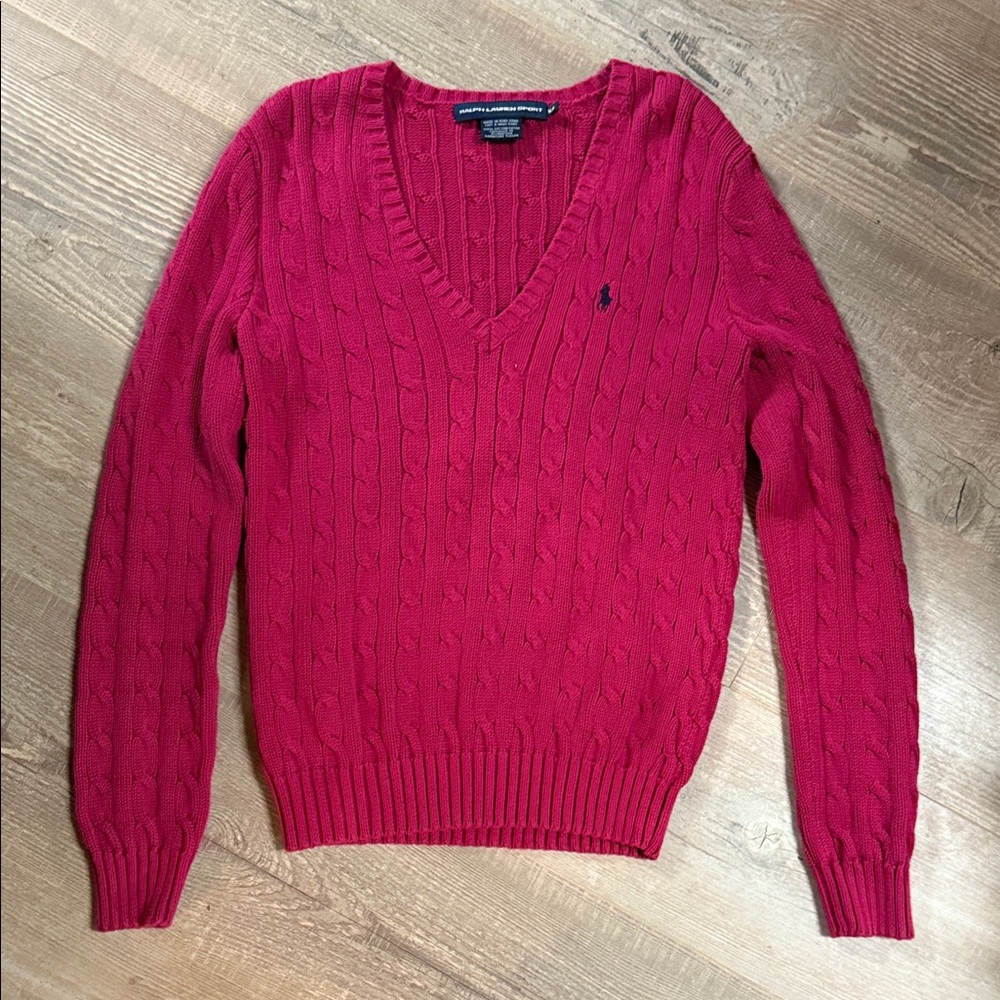 Ralph Lauren Raspberry Dark Pink Cable Knit V-Neck Sweater Navy Logo Cotton